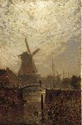 Walter Moras A figure crossing a bridge over a Dutch waterway by moonlight painting